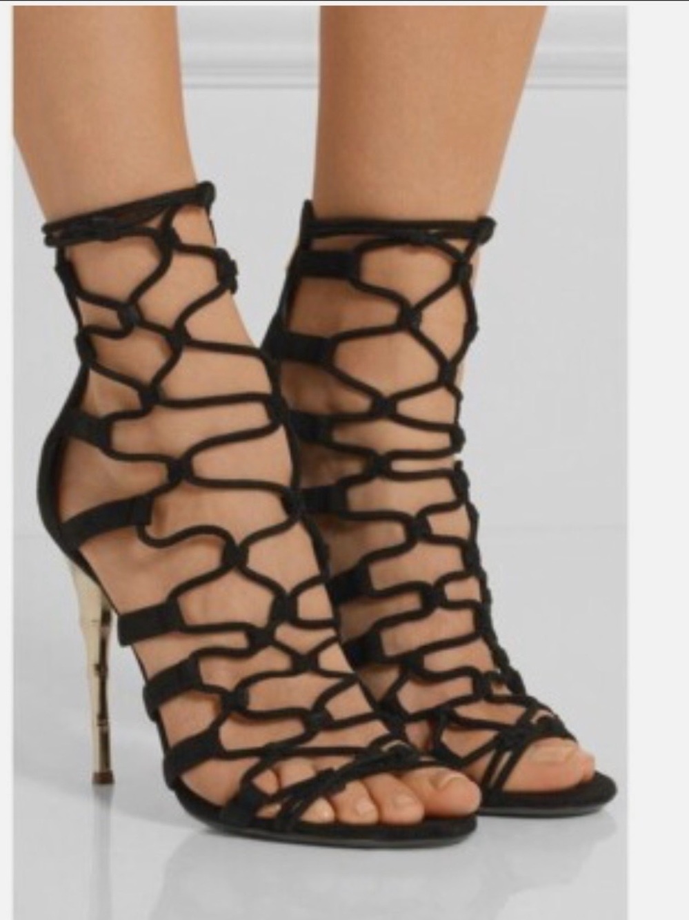 Balmain Black Strappy Cage High Heels with Gold Bamboo Stiletto sz 39